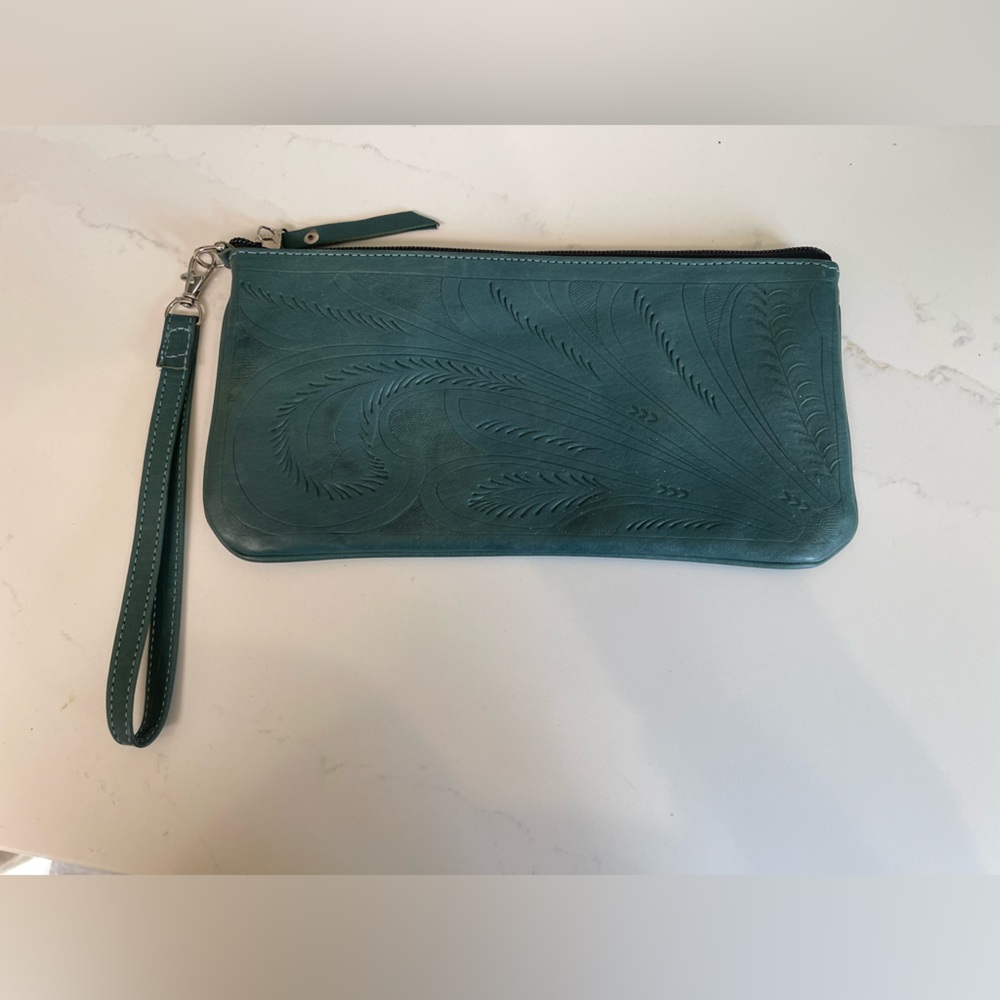 Teal  Blue Tooled Leather Small Clutch Purse